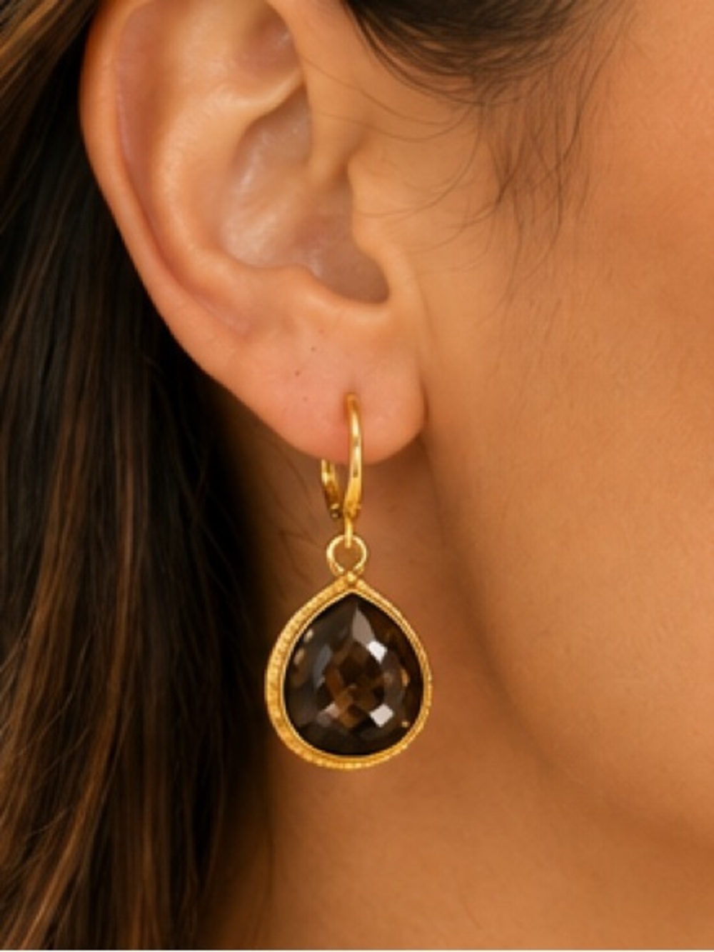 NEW -  Genuine Smoky Quartz & Gold Fill Ear Wires Teardrop Dangle Earrings 1.5”